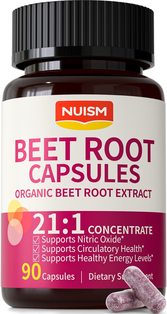 Organic Beet Root Capsules - Beetroot Extract 17850mg 21:1 Concentrate Beets Supplements for Nitric Oxide, Healthy Blood Pressure, Blood Flow Circulation, Energy Gluten-Free 90 Powder Caps