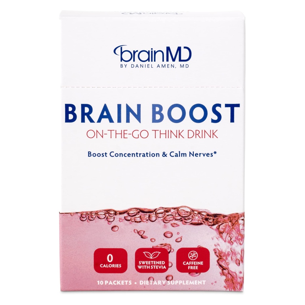 BRAINMD Dr Amen Brain Boost On The Go - 10 Packets, Berry Flavor - Nootropic Drink Powder, Προάγει την εστίαση, την σαφήνεια και την ψυχική ενέργεια - Χωρίς καφεΐνη, Χωρίς γλουτένη - 10 Υπηρεσίες