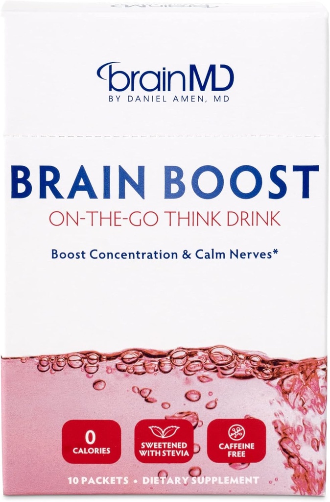 BRAINMD Dr Amen Brain Boost On The Go - 10 Packets, Berry Flavor - Nootropic Drink Powder, Προάγει την εστίαση, την σαφήνεια και την ψυχική ενέργεια - Χωρίς καφεΐνη, Χωρίς γλουτένη - 10 Υπηρεσίες