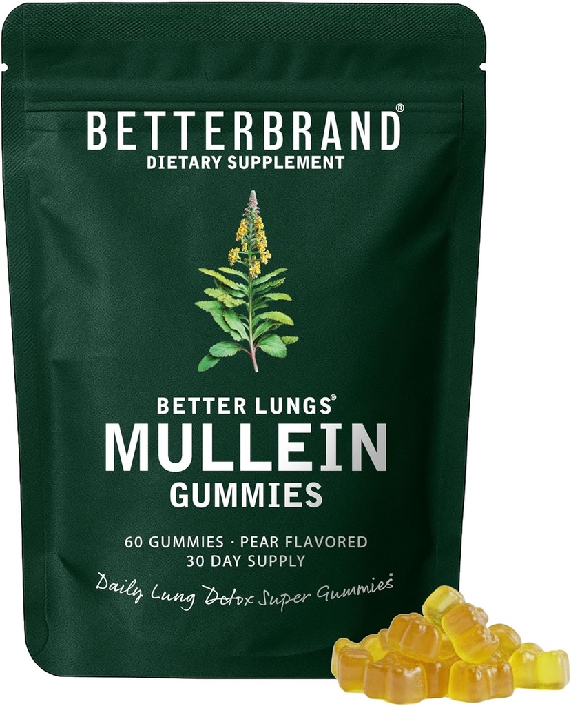 Betterbrand Mullein Gummies for Lungs – 1000mg συμπλήρωμα βοτάνων για Lung Detox & αναπνευστική υποστήριξη – Pear Flavor Chewable Breatheasy Gummy – 30 ημέρες προσφοράς