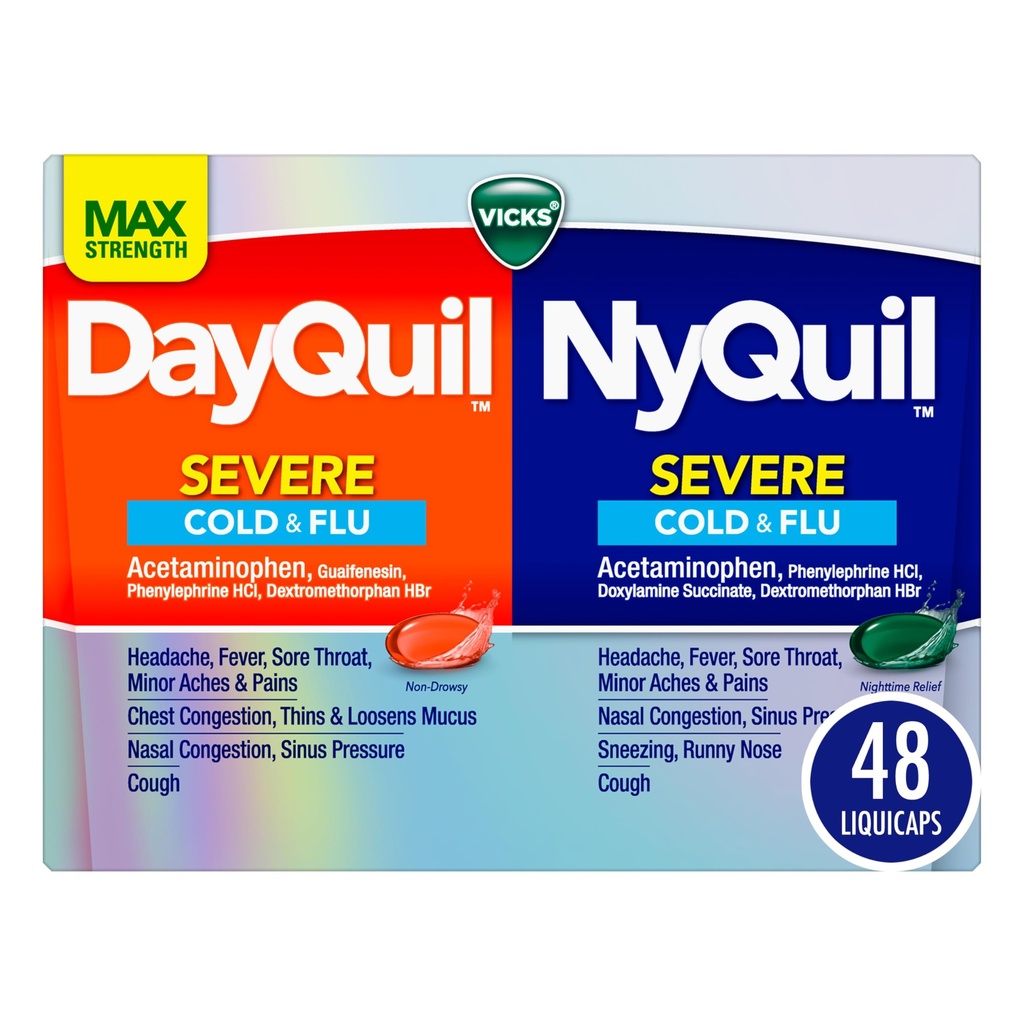 Vicks, DayQuil and NyQuil Severe Co-Pack, Cold and Flu Medicine, Powerful Relief for Headache, Fever, Sore Throat, Minor Aches and Pains, Congestion, Sinus Pressure, Stuffy Nose, 48 LiquiCaps