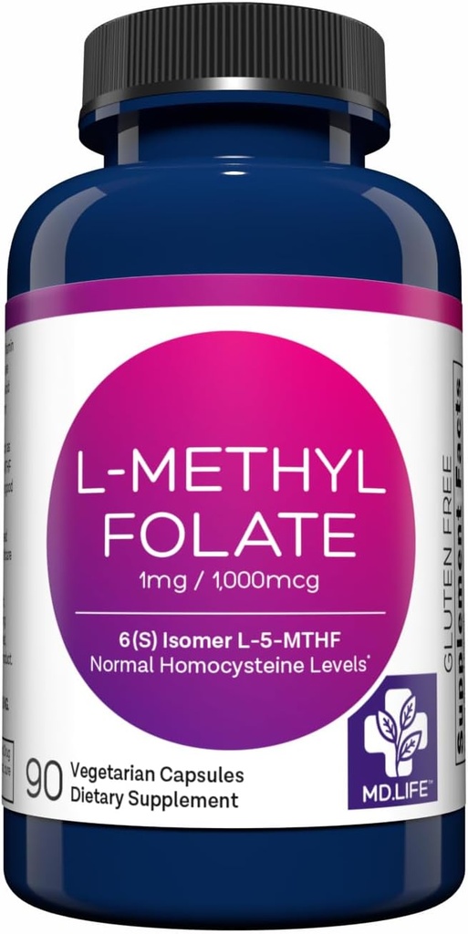 MD Life L- Methylfolate 1 mg Συμπλήρωμα - Επαγγελματικό- Grade Active L Μεθυλοφολικό συμπλήρωμα - 90 Κάψουλες - L- Methylfolate 1mg - Μέγιστη ισχύς MTHFR W/ Essential Amino Acids