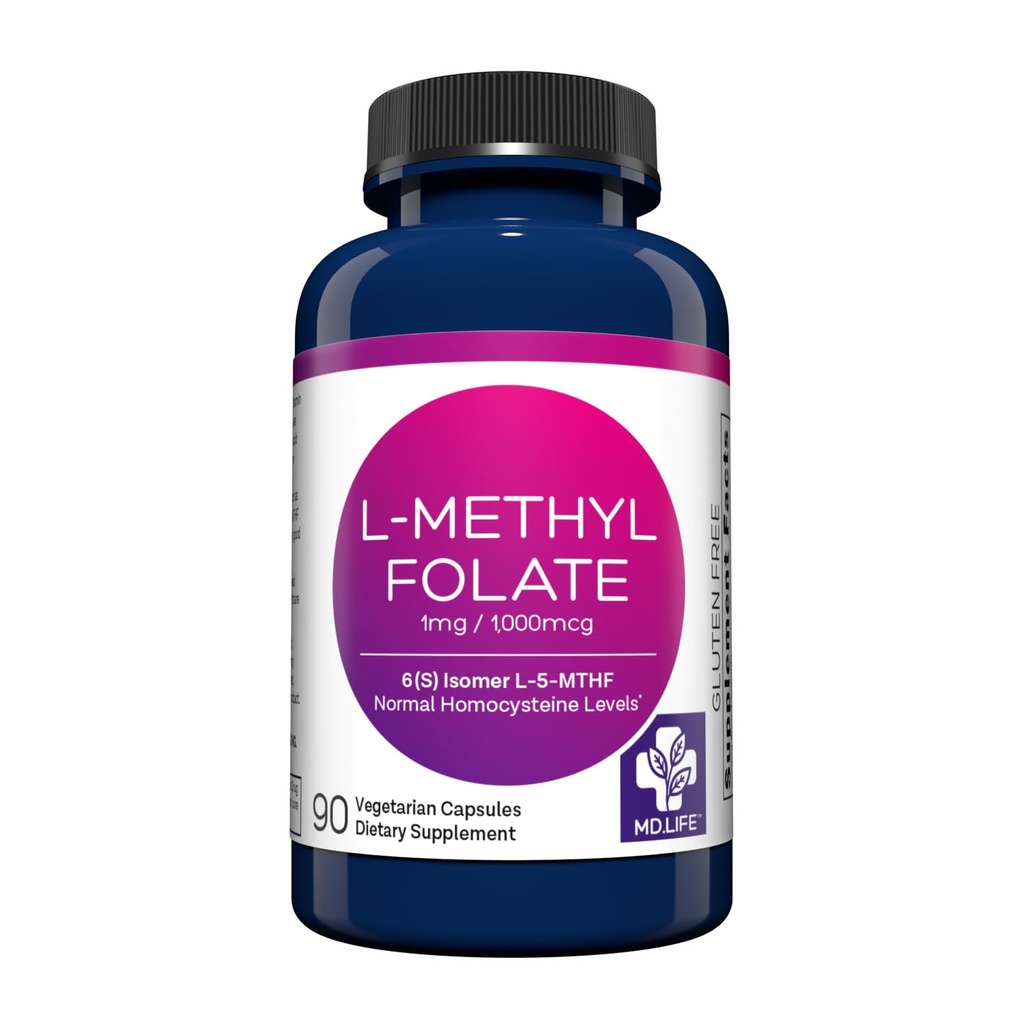 MD Life L- Methylfolate 1 mg Συμπλήρωμα - Επαγγελματικό- Grade Active L Μεθυλοφολικό συμπλήρωμα - 90 Κάψουλες - L- Methylfolate 1mg - Μέγιστη ισχύς MTHFR W/ Essential Amino Acids