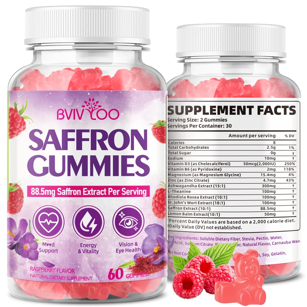 Saffron Gummies for Adult Kids, 10-IN-1 Formula with Saffron 88.5mg, Vitamins D3 & B6, Magnesium, Zinc, Ashwagandha, L-Theanine, St. John's Wort - Supports Mood & Focus, Raspberry Flavor, 60 Count