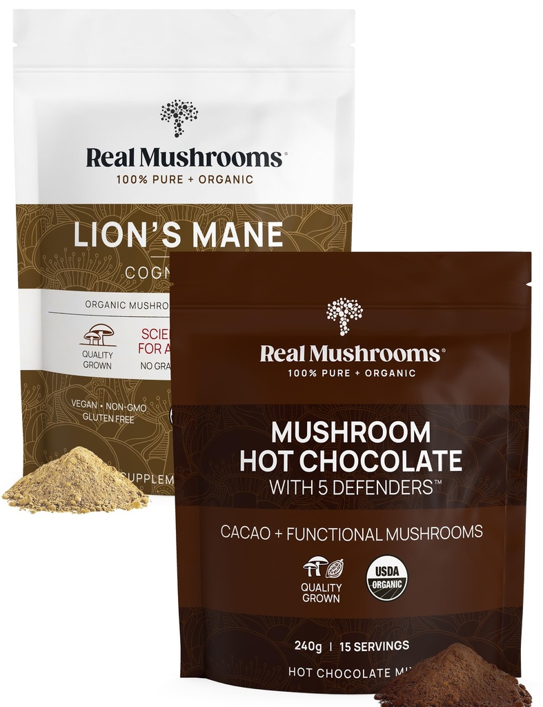 Real Mushrooms Hot Chocolate Mix (15 σερβιρίσματα) και Lion’s Mane (60 σερβιρίσματα) Powder Bundle - Mushroom Powder Supplement για την καθημερινή υποστήριξη της Ασυλίας και της Γνώσης - Χωρίς γλουτένη, μη ΓΤΟ, Vegan