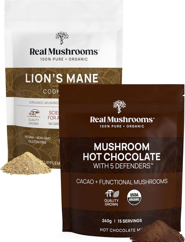 Real Mushrooms Hot Chocolate Mix (15 σερβιρίσματα) και Lion’s Mane (60 σερβιρίσματα) Powder Bundle - Mushroom Powder Supplement για την καθημερινή υποστήριξη της Ασυλίας και της Γνώσης - Χωρίς γλουτένη, μη ΓΤΟ, Vegan