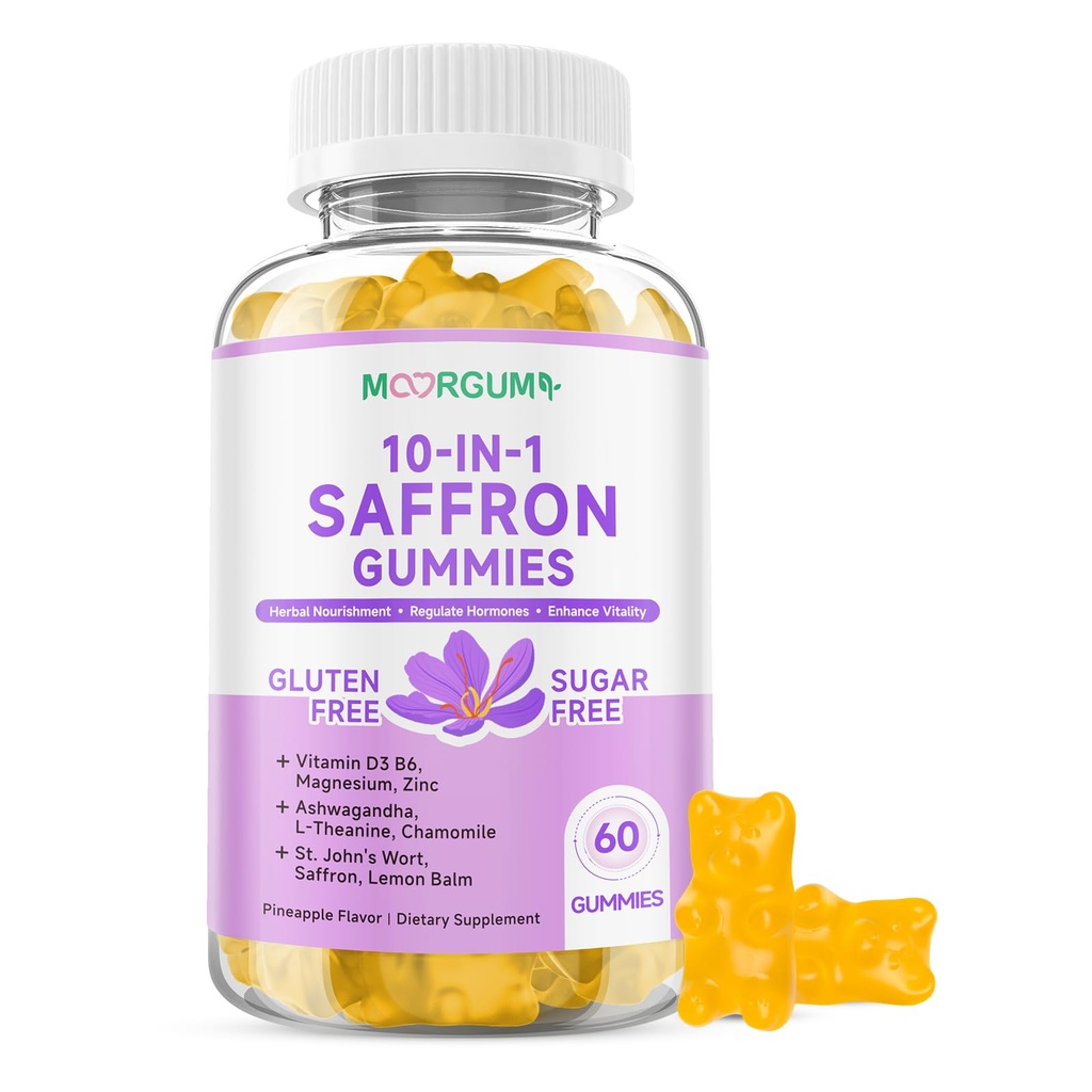 Saffron Gummies for Adult Kids, 10-IN-1 Cortisol Support Supplement with Saffron 88.5mg, Vitamin D3, B6, Magnesium, Zinc, Ashwagandha, L-Theanine, St. John's Wort, For Emotions, Slumber, 60 Count