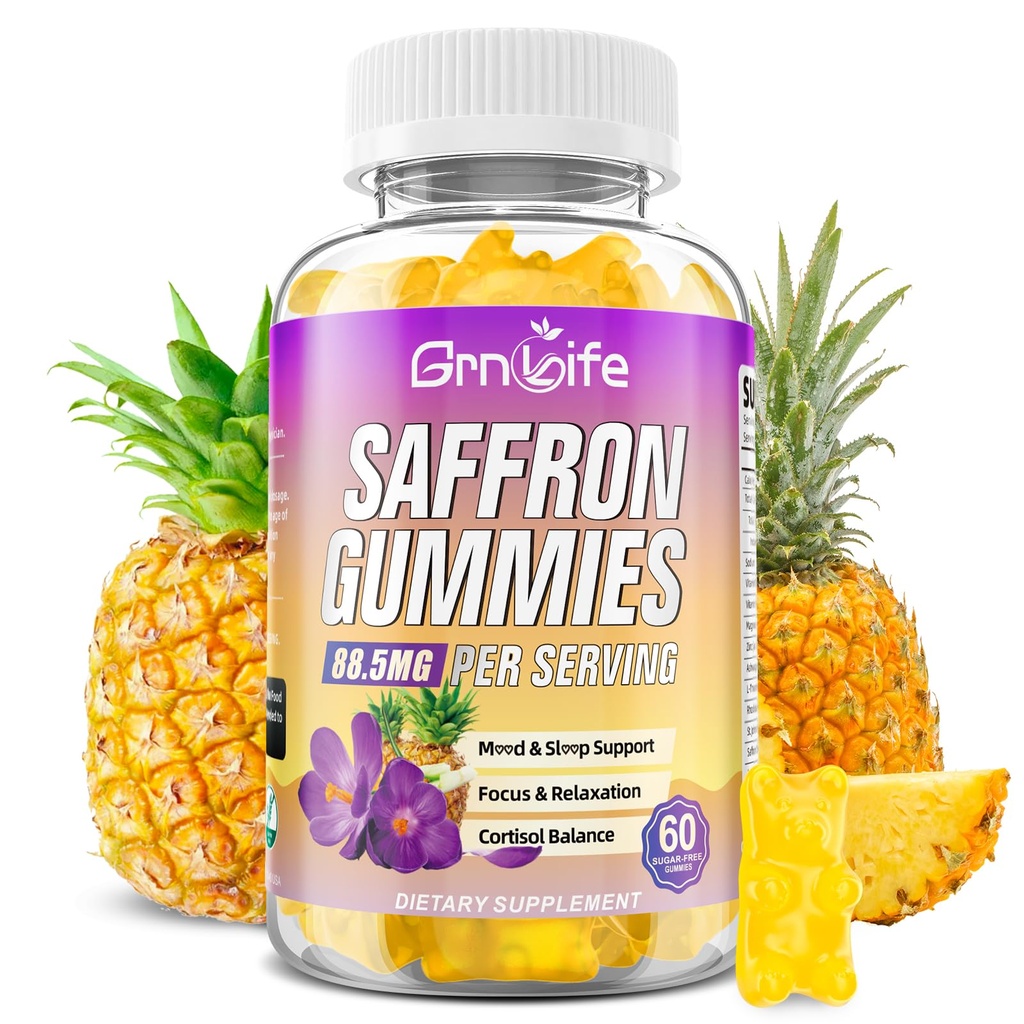 Saffron Gummies for Kids & Adults, 10-in-1 Saffron Supplements with 88.5mg Saffron Extract Support Calm Mind & Focus & Zzz, Sugar Free, Pineapple Flavor, 60 Count