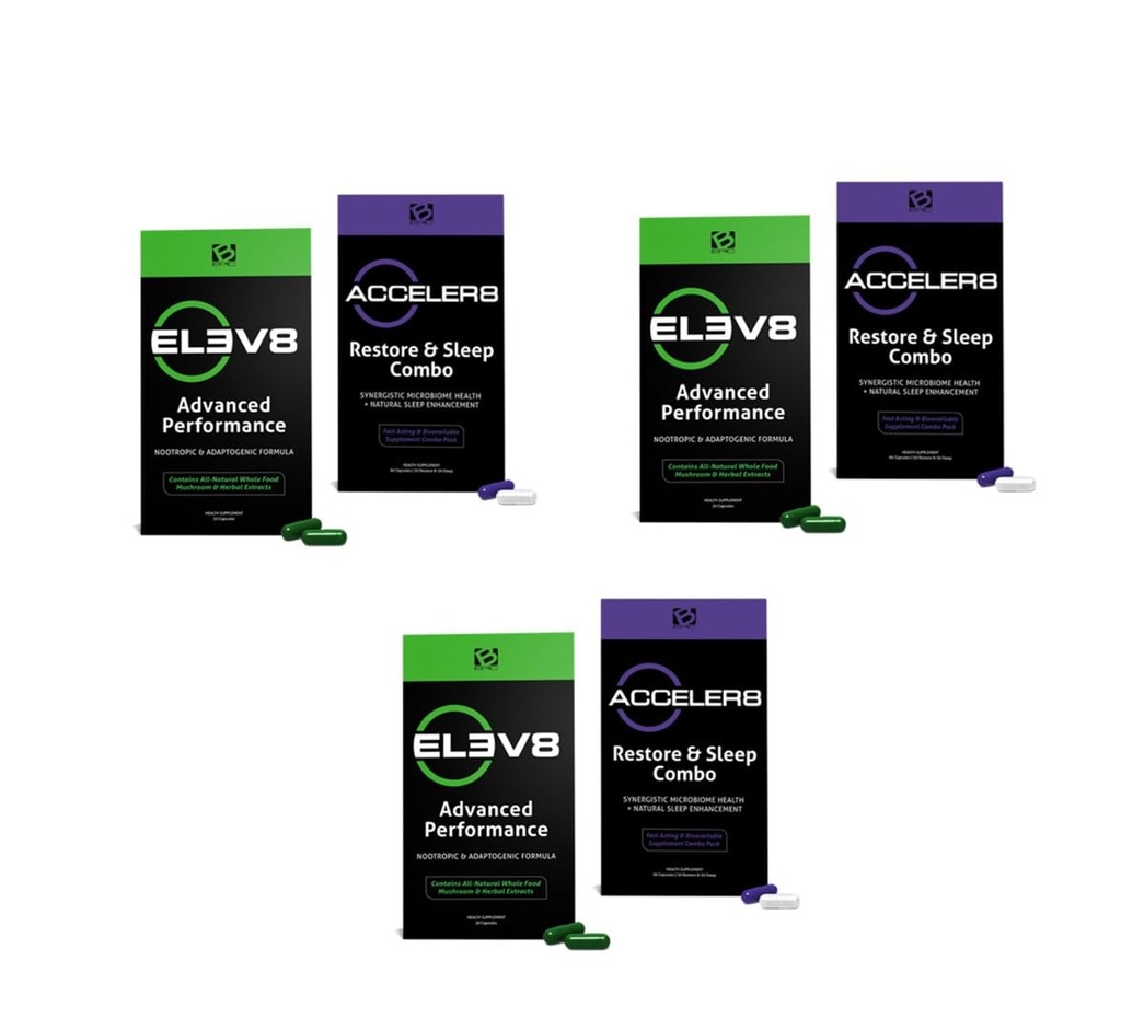 B-epic's Acceler8 and Elev8-1 Month (30 Day) Supply - (90 Capsules Total) Green, White and Purple Capsules - Elev8 Plus Acceler8 2 Box Set (3)