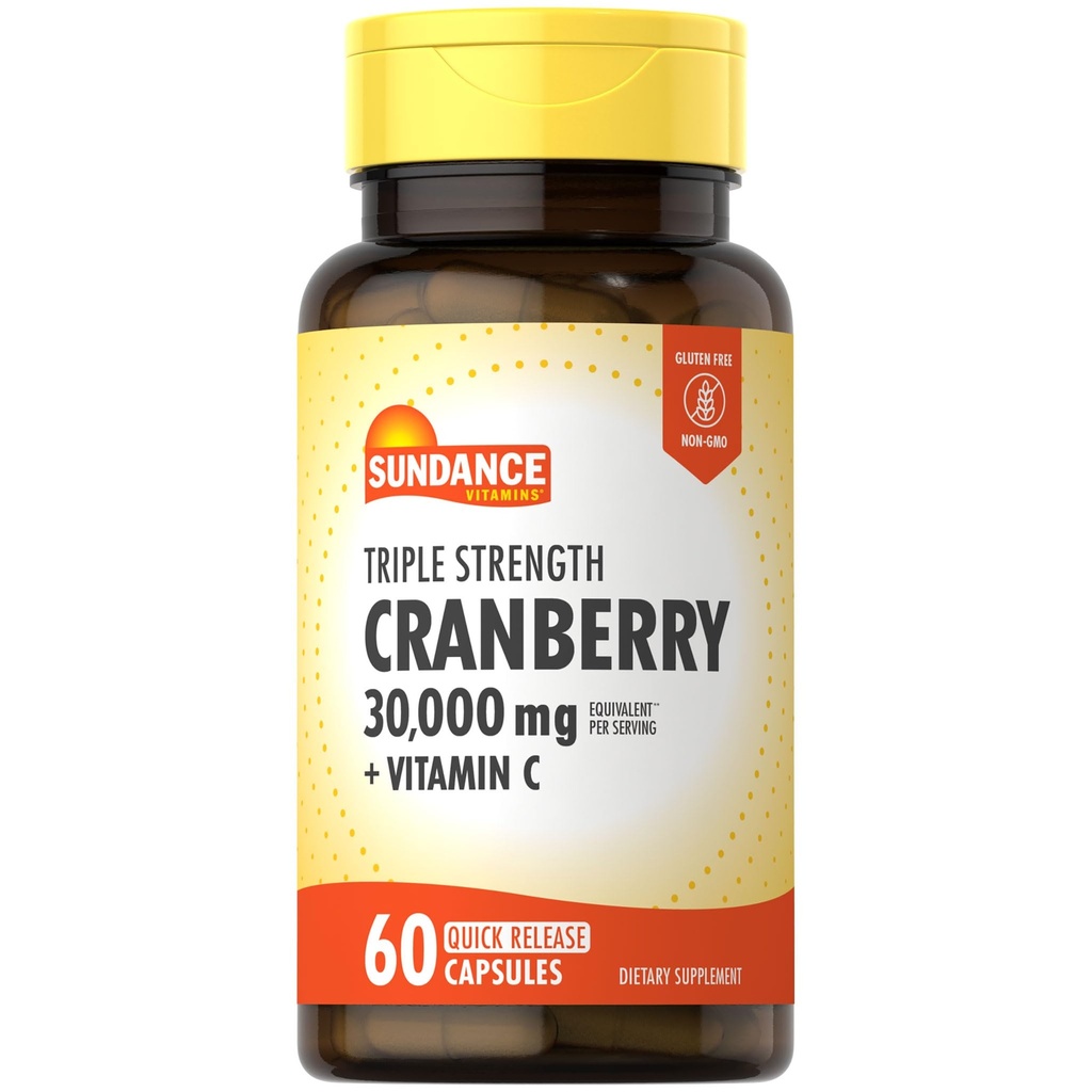Sundance Cranberry Supplement | 60 Capsules | Plus Vitamin C | Triple Strength | Non-GMO and Gluten Free Formula