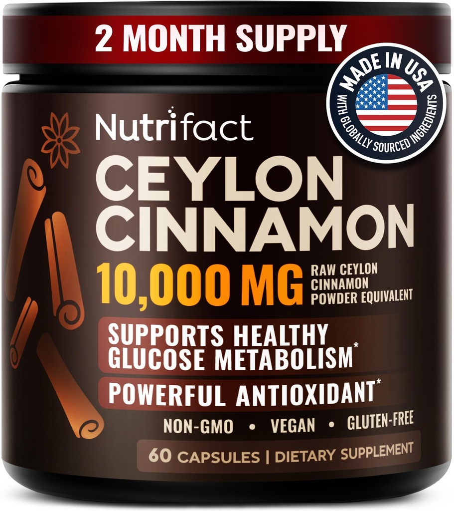 Ceylon Cinnamon Capsules 500mg per Serving - Made in USA, Vegan Ceylon Cinnamon Supplements with Extra Strength for Energy, Heart & Health Support, Non-GMO Antioxidant Pills - 60 Caps, 2 Months Supply