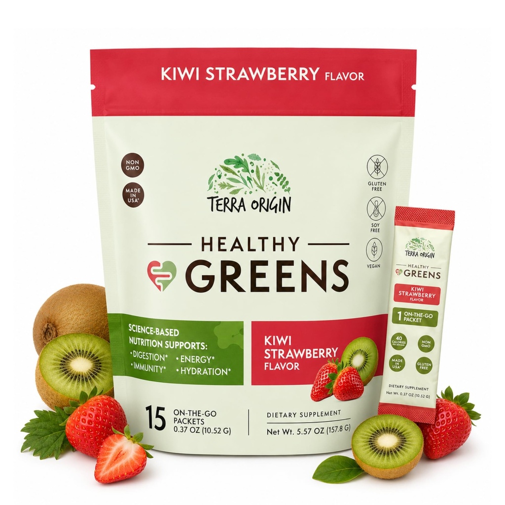 TERRA ORIGIN Greens Stick Packs | Super Greens Powder Packets with Probiotics & Adaptogens | Daily Greens for Energy, Gut Health & Immunity | Travel Friendly Single Serve | Kiwi Strawberry | 15 Count