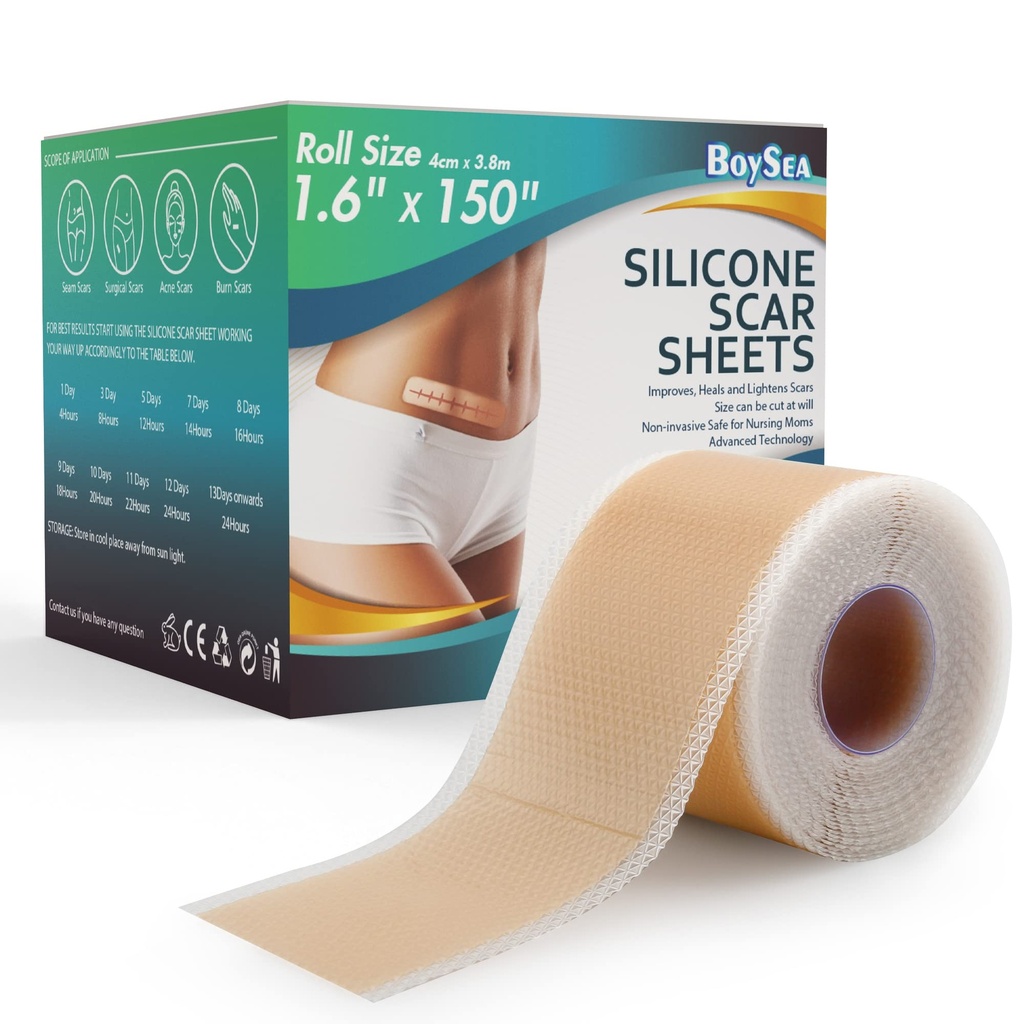 Professional Silicone Scar Sheets (1.6" x 150" Scar Roll-3.8M) - Θεραπεία αφαίρεσης ουλών - Reuseable Silicone Scar Tapes Τύπος για Κελόιντ, C-τμήμα, Χειρουργική, Burn, Acne et