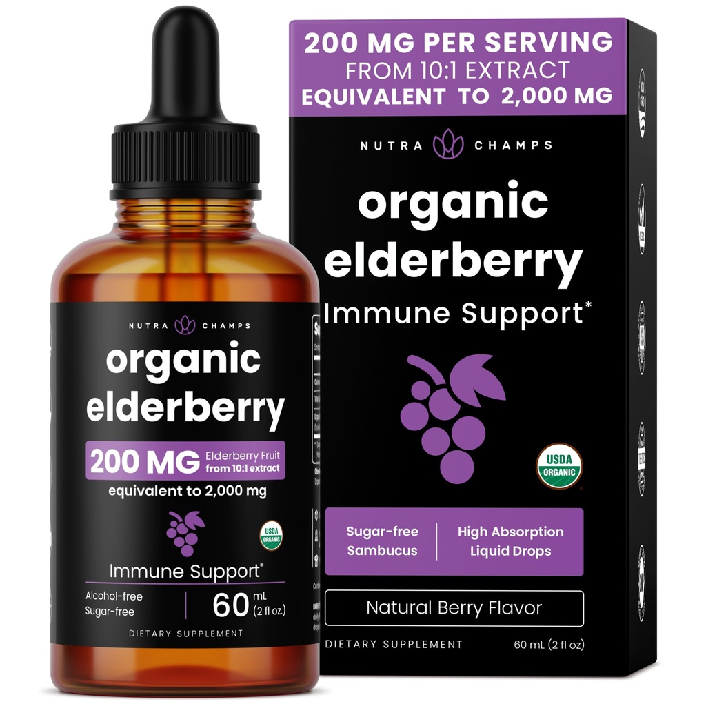 NutraChamps Black Elderberry Syrup, Poent 2000mg 10:1 Extract Sambucus Elderberry Syrup Antioxidant, Drops Berry Flavor, Liquid Elderberry Extract Sugar-Free 2oz, Ανοσολογική Υποστήριξη