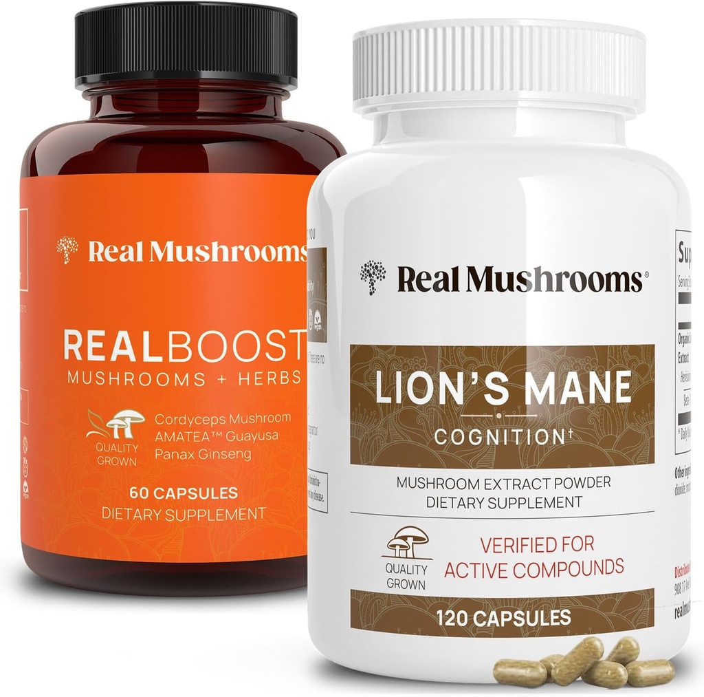 Real Mushrooms RealBoost (60ct) and Lions Mane (120ct) Κάψουλες Bundle - Mushroom Supplement for Energy, Vitality & Cognition - Energy & Brain Vitamins w/Cordyceps, Ginseng, Guayusa - Vegan, Non-GMO