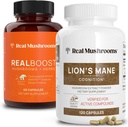 Real Mushrooms RealBoost (60ct) and Lions Mane (120ct) Κάψουλες Bundle - Mushroom Supplement for Energy, Vitality & Cognition - Energy & Brain Vitamins w/Cordyceps, Ginseng, Guayusa - Vegan, Non-GMO