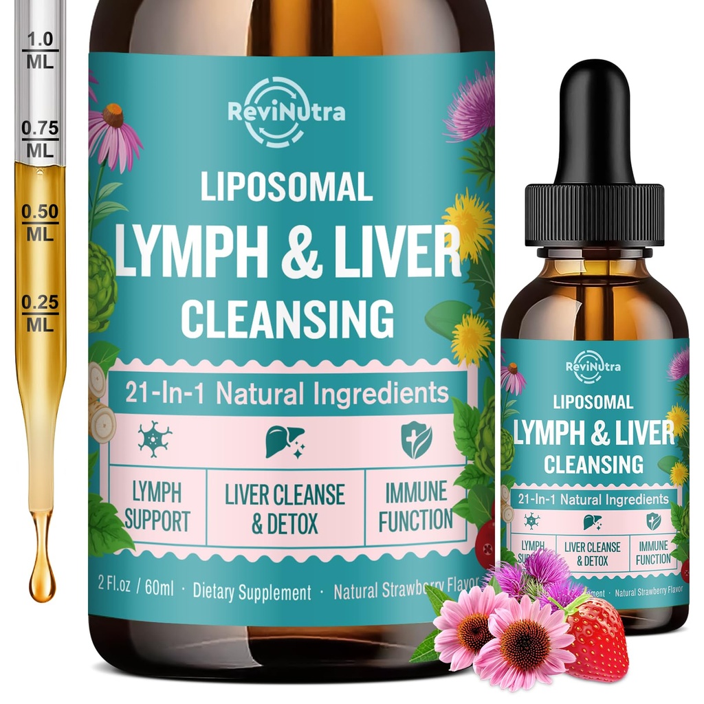 Liposomal Lymphatic Drainage Drops, Liver Cleanse Detox & Repair Liquid Supplement with Milk Thistle, Dandelion, Burdock Root & Echinacea - Lymph & Liver Detox, Antioxidant, Strawberry Flavor 2 Fl Oz