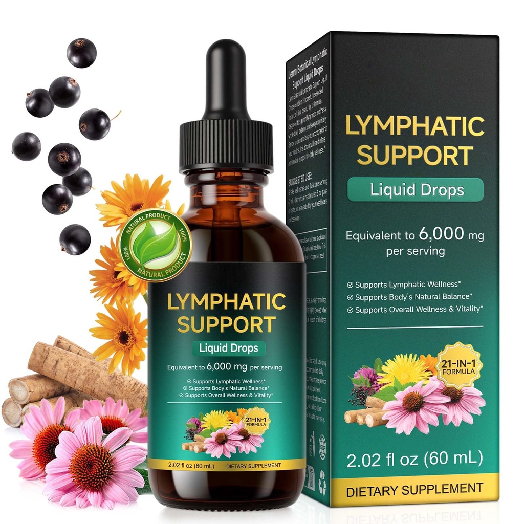 21-in-1 Lymphatic Drainage Drops 6000mg, Herbal Lymphatic&Fluid Balance Support Liquid Supplement with Echinacea, Dandelion, Burdock, Red Clover&Cleavers, Plant-Based Lymph Complex for Women&Men, 2 fl