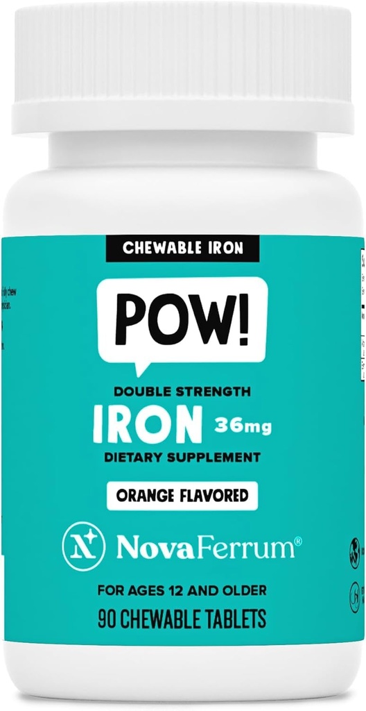 NovaFerrum Pow | Chewable Iron Supplement for Kids & Adults Ages 12 and Over | Anemia | 36mg of Iron | 90 Servings | Sugar Free