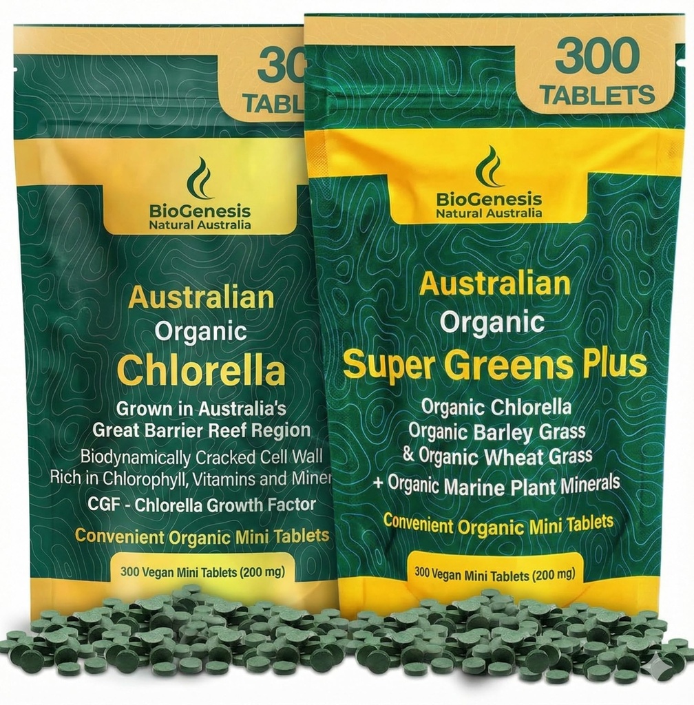 Biogenesis Ultimate Green Energy Duo – Chlorella & SuperGreens Plus (Wheatgrass & Barley Grass) | 600 Count Value Pack | Australian Grown Vegan Superfoods for Immunity & Vitality