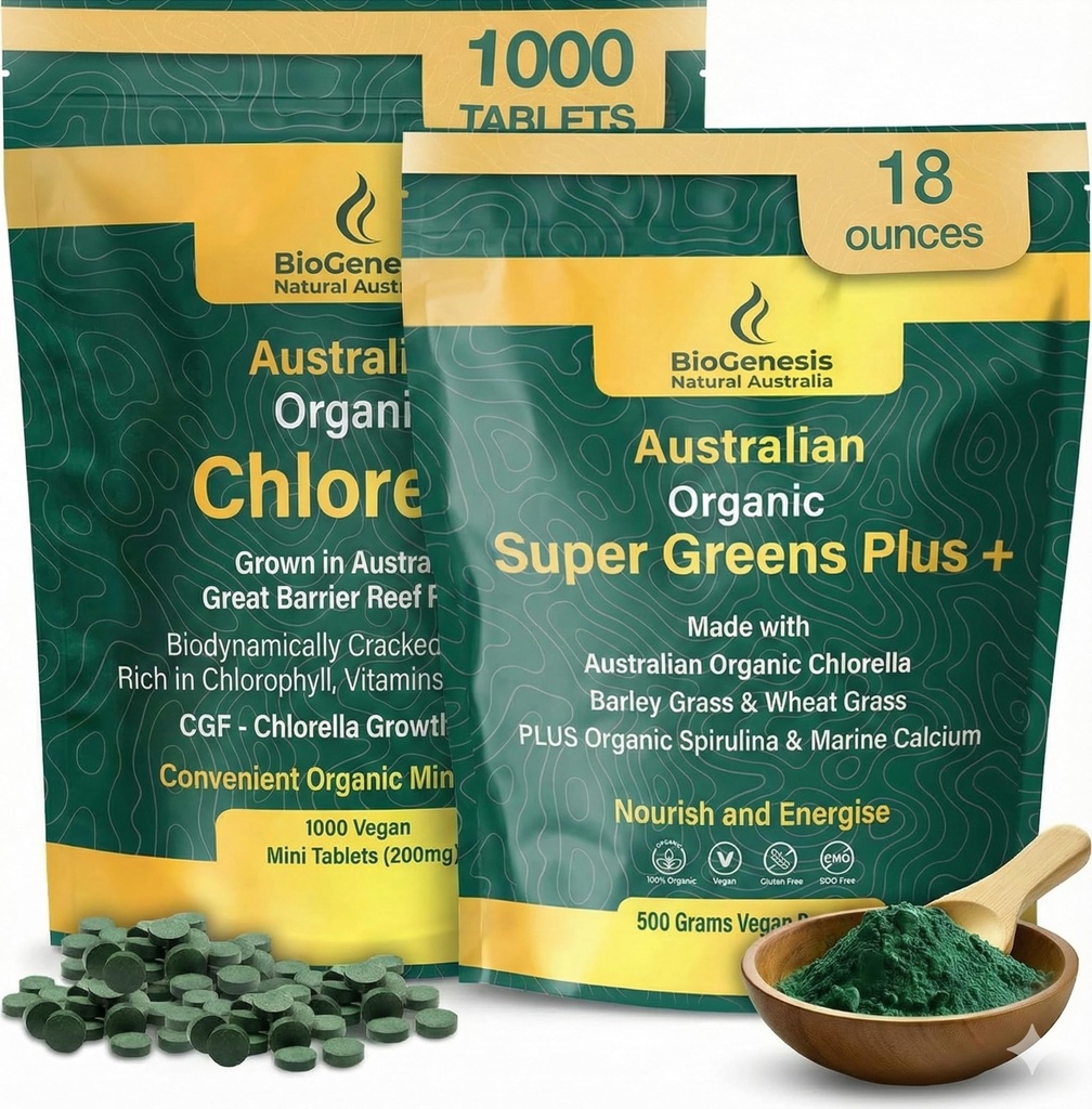Biogenesis Ultimate Greens Stack | Organic Chlorella Tablets (1000 Count) & SuperGreens Powder (500g) | High Chlorophyll Australian Superfoods | Supports Natural Energy, Immunity & Digestion | Vegan