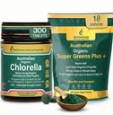 Biogenesis Organic Greens Duo: Chlorella Tablets (300ct, Mixed Berries) and SuperGreens Powder (500g, Unflavored). Contains Spirulina, Wheatgrass & Barley Grass. Australian Made, Vegan & Non-GMO