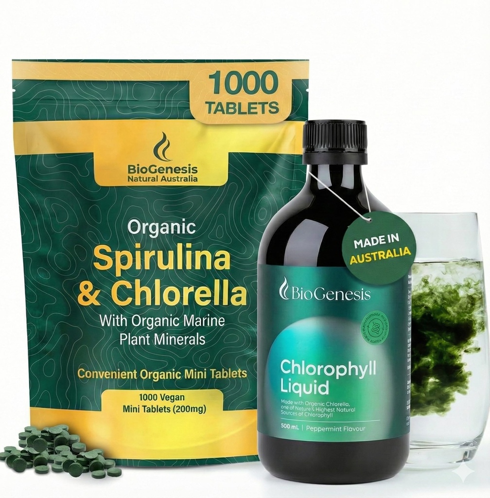 Biogenesis Complete Cleanse & Revitalize Bundle: Organic Spirulina & Chlorella (1000 Count) + Liquid Chlorophyll Peppermint (17oz) – 100% Australian Grown Algae for Immunity, Digestion & Vitality