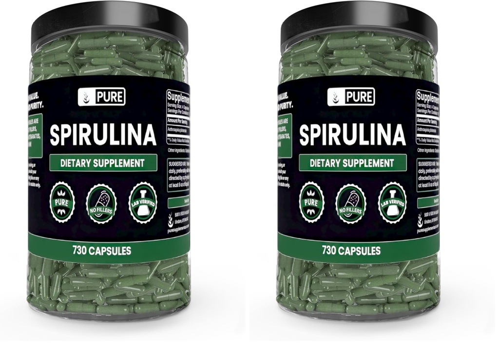 PURE ORIGINAL INGREDIENTS Spirulina (730 Capsules) No Magnesium Or Rice Fillers, Always Pure, Lab Verified (Pack of 2)