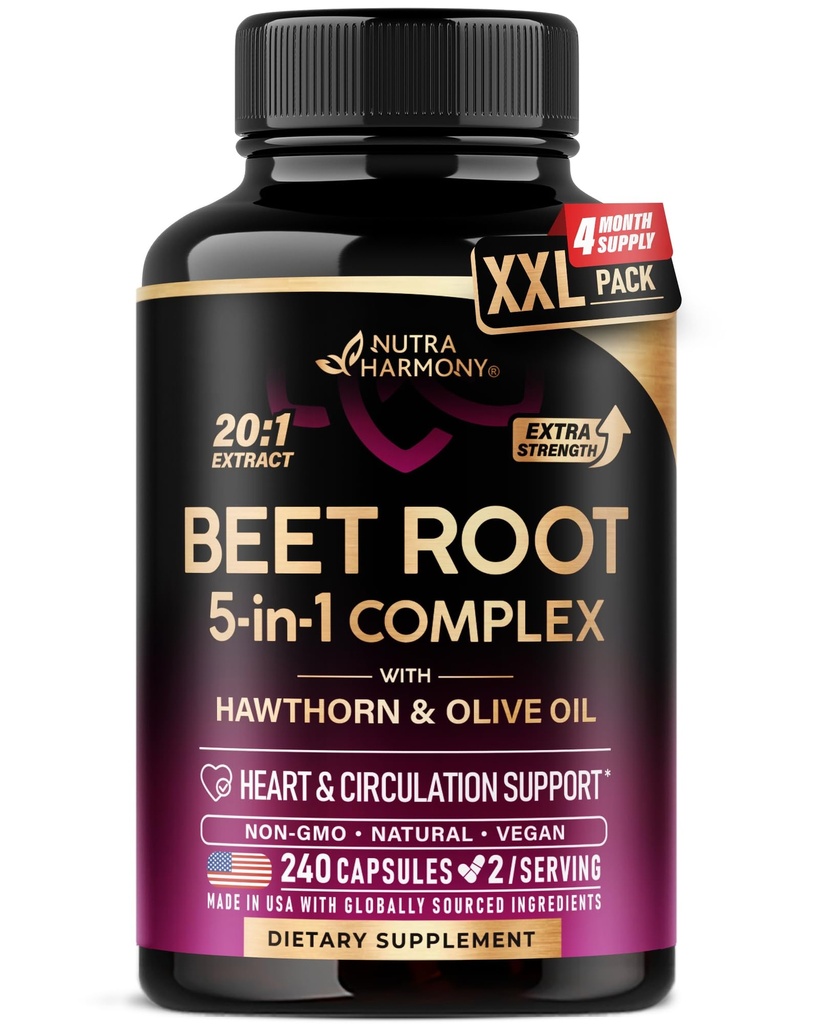 Beet Root 5-in-1 Complex Capsules - Healthy Blood Pressure Support Supplement** for Heart & Circulation Support - with Hawthorn Berry, Hibiscus & Garlic - for Men & Women - Lab Tested, 240 Capsules