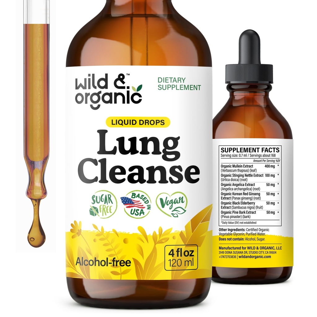 Wild & Organic Lung Cleanse Detox Tincture - Mullein Drops for Lungs - Herbal Mullein Extract Supplement - Vegan, Alcohol-Free Drops - 4 fl oz
