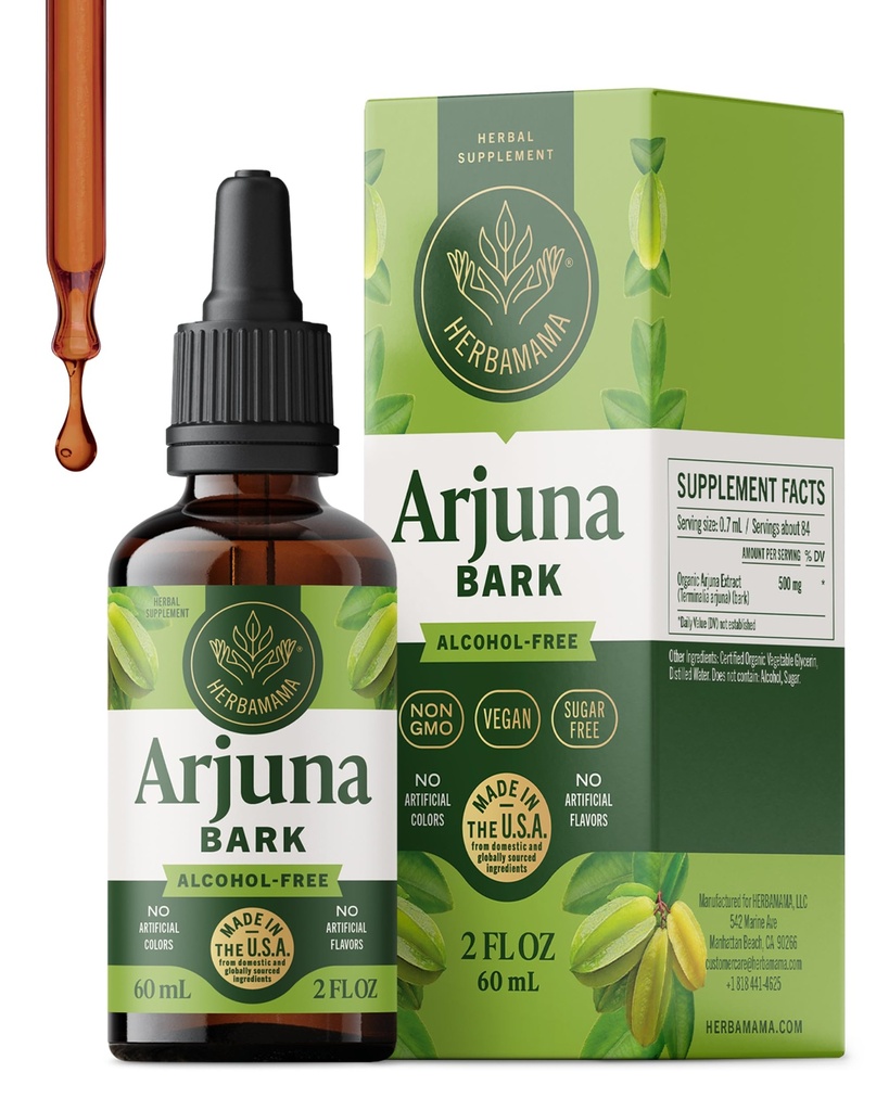HERBAMAMA Arjuna Tincture - Vegan Antioxidant Support with Terminalia Arjuna Bark Extract Drops - Non-GMO, Alcohol & Sugar-Free Liquid Supplement, 42-Day Supply