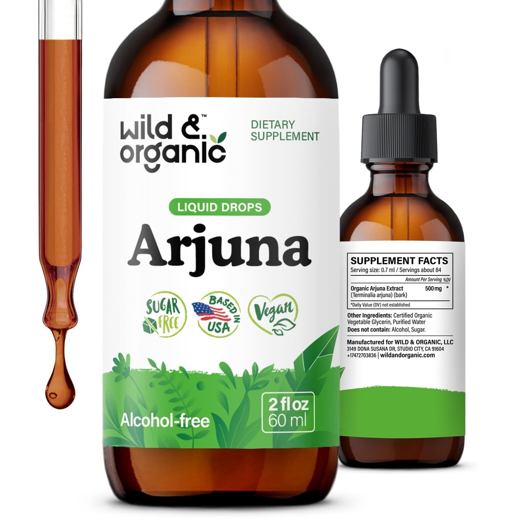 Wild & Organic Arjuna Bark Extract Tincture - Antioxidant Support - Terminalia Arjuna Extract Supplement - Add to Tea & Mix with Powder - Vegan, Sugar & Alcohol-Free - 2 fl oz