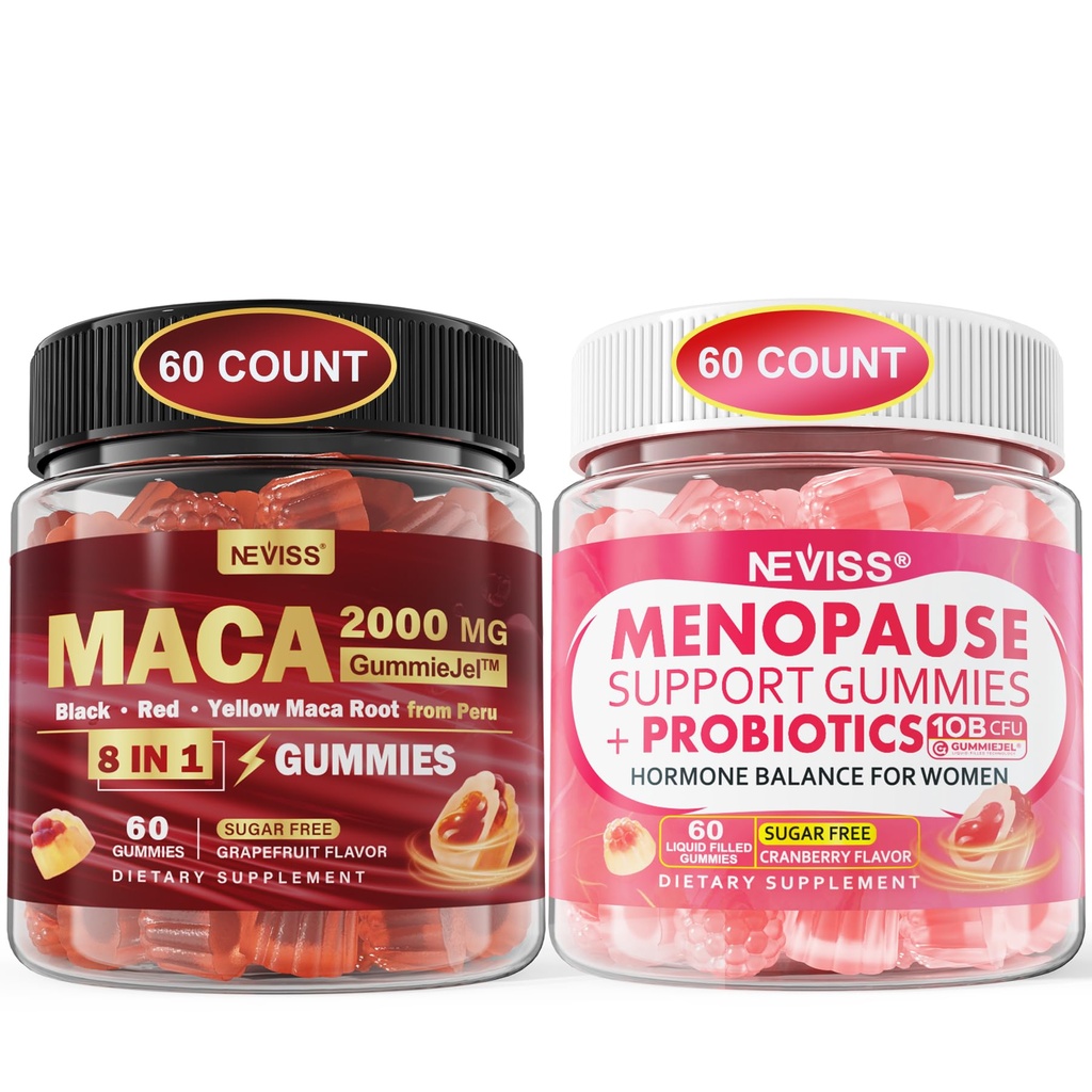 NEVISS Sugar Free Maca Root Filled Gummies 2000mg + Menopause Probiotic Supplement Filled Gummies for Women