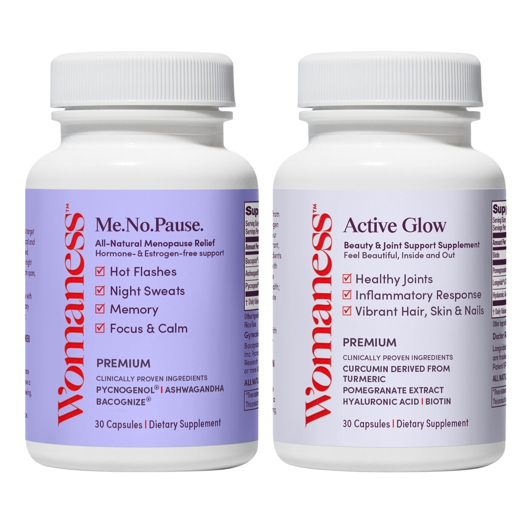 Womaness Menopause Wellness Duo for Women – Hormone Balance Support + Hair Skin & Nails Formula – Ashwagandha, Pycnogenol, Bacopa, Biotin & Hyaluronic Acid – 2 Bottles, 30 Capsules Each
