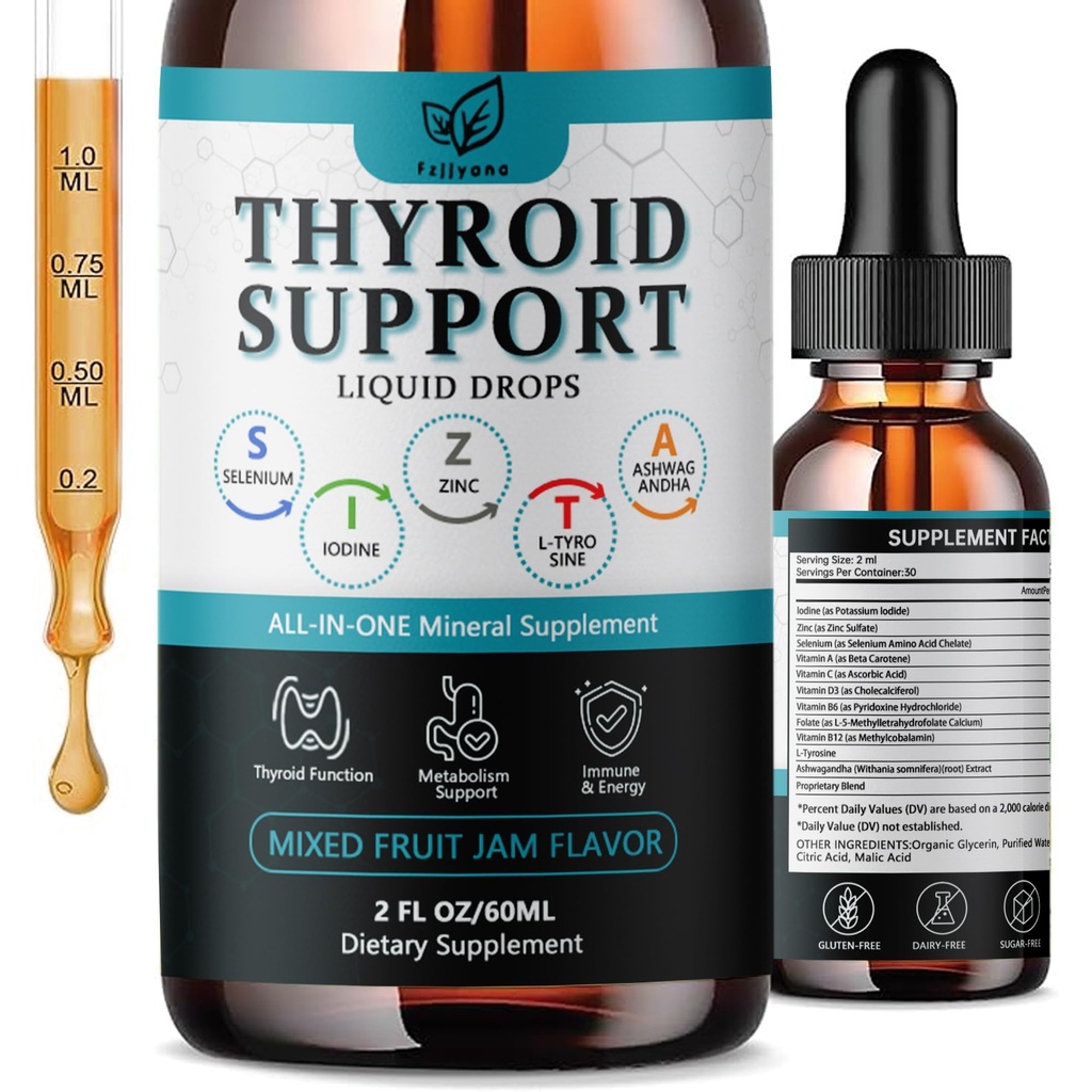 Thyroid Support For Women & Men Liquid Drops.Thyroid Supplement Drops With Selenium Zinc Iodine L-Tyrosine Ashwagandha For Energy & Metabolism Support, Hormone Balance,Vegan，Additives Free - 2 Fl. Oz