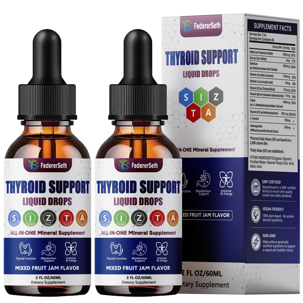 (2 Pack) Thyroid Support Drops for Women and Men.Thyroid Liquid with Selenium Zinc Iodine L-Tyrosine Ashwagandha - Mood Support & Hormone Balance - Natural Metabolism & Energy Support - 4 Fl. Oz