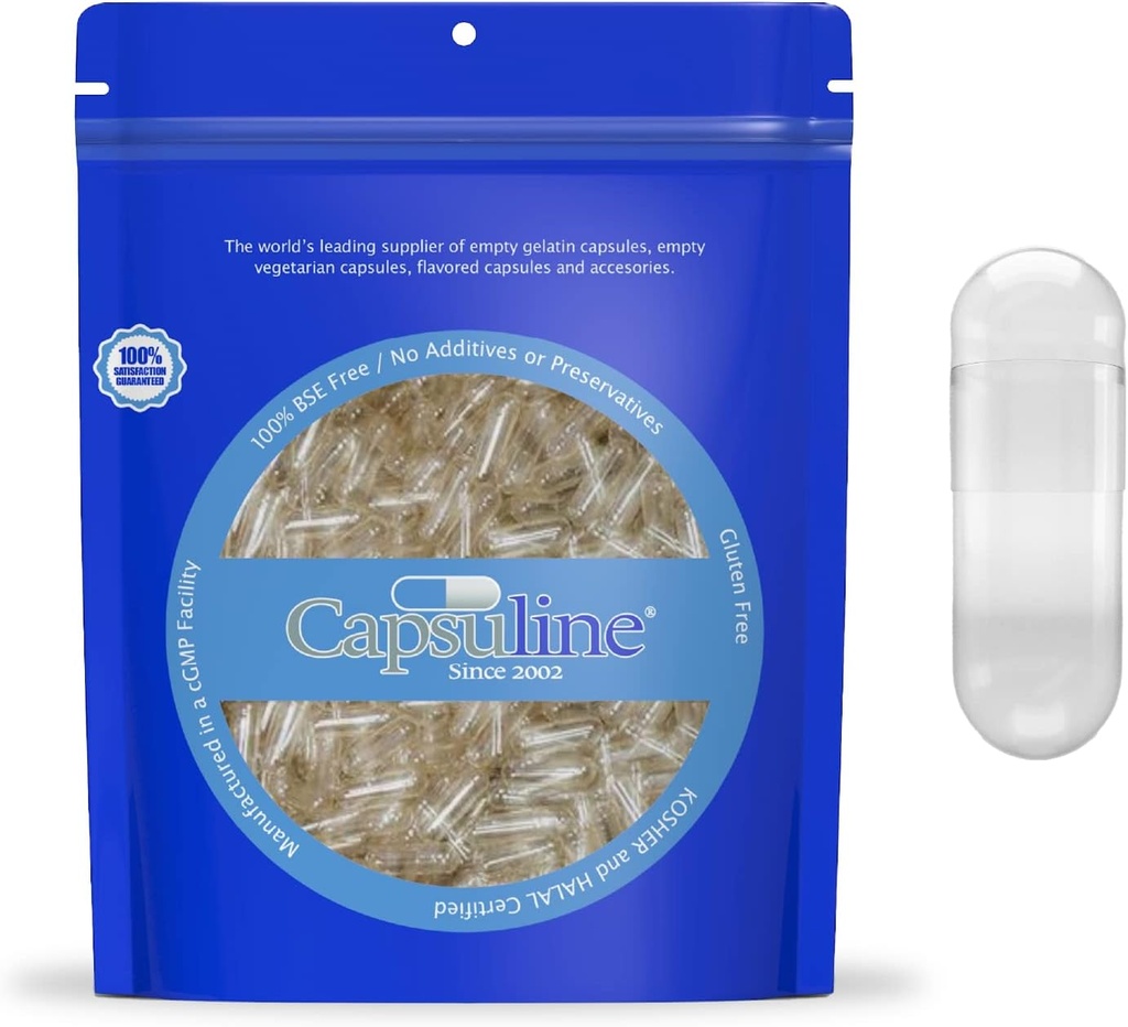 Capsuline Μέγεθος 000 - Καθαρίστε τις κάψουλες άδειο Vegan - 1000 Count - Κενές κάψουλες Veggie Χάπια - DIY κάψουλες λαχανικών πλήρωσης - Κενά καπάκια - Kosher και Halal Certified - Μη ΓΤΟ Certified