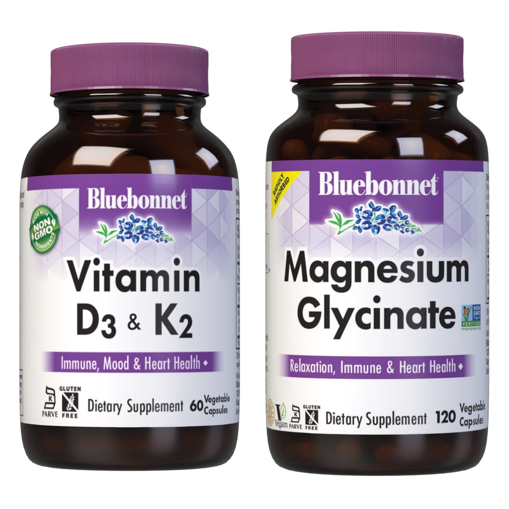 BlueBonnet Nutrition Vitamin D3 and K2, and Magnesium Glycinate Vegetable Capsules Bundle