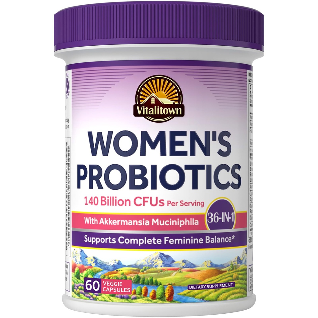 Vitalitown Probiotics for Women, 140 Billion CFU 20 Strains, Akkermansia Probiotic with Iron, Vitamin C B6 & B12, Digestive Enzymes, Cranberry, D-Mannose, Vaginal Probiotics & Prebiotics, 60 Capsules