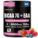 Sugar Free 7g BCAA + EAA Powder | Supports Muscle Recovery, Growth, Strength & Endurance – 11 Essential Amino Acids with L-Glutamine, Caffeine, Vitamin & Electrolyte for Energy & Hydration