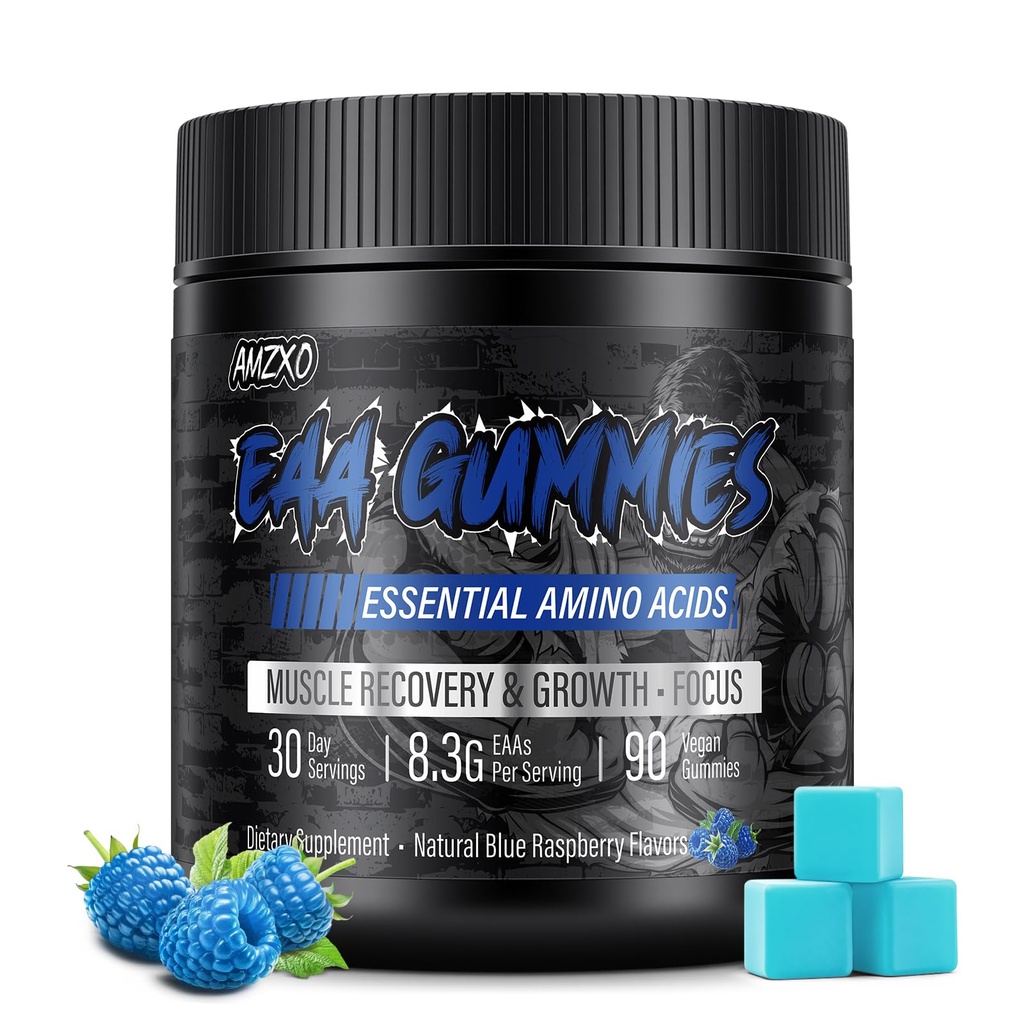 EAA Gummies - 2:1:1 BCAA Formula (8300mg) - Essential Amino Acids for Muscle Recovery & Endurance - Non-GMO, Gluten Free, Sugar Free, Vegetarian, Blue Raspberry Flavor - 90 Count