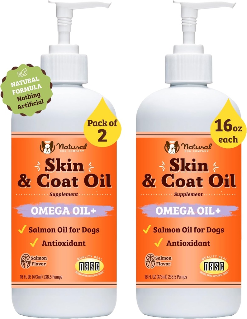 Natural Dog Company 2 Pack - 16 oz. Skin and Coat Oil, Supports Skin Health, Fish Oil Supplements for Dogs, Fatty Acids, Antioxidant, for Multi Dog Families, Large Breed Dogs, 32 oz. Value