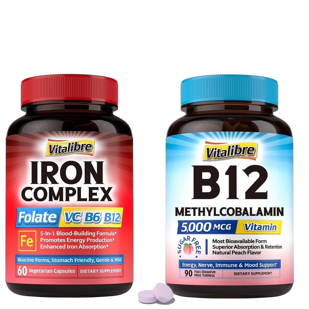 Iron Supplement for Women & Men,60 Vegan Caps & Vitamin B12 Sublingual 5000 mcg, 90 Fast Dissolve Mini Tablets