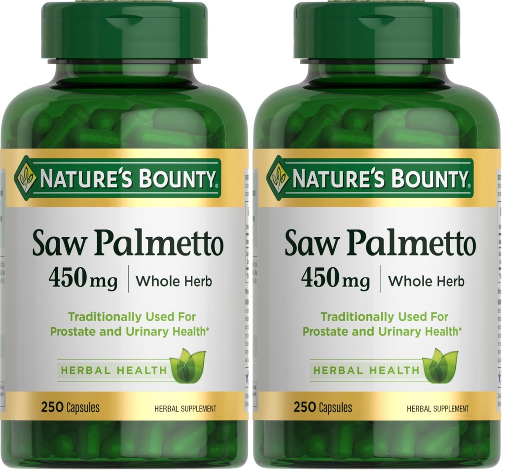 Nature's Bounty Saw Palmetto Support for Prostate and Urinary Health, Herbal Health Supplement, 450mg, 250 Capsules (Pack of 2)