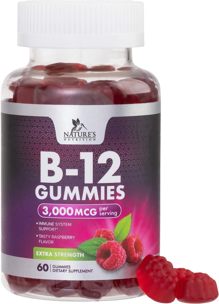 B12 Βιταμίνες Ενέργεια Gummies 3000 mcg - Επιπλέον δύναμη B 12 Gummy για το μεταβολισμό & ανοσοποιητικό σύστημα Υποστήριξη - Μασώμενα συμπλήρωμα διατροφής B12 για ενήλικες & παιδιά Καφεΐνη Δωρεάν Gummy Βιταμίνη - 60 Gummies