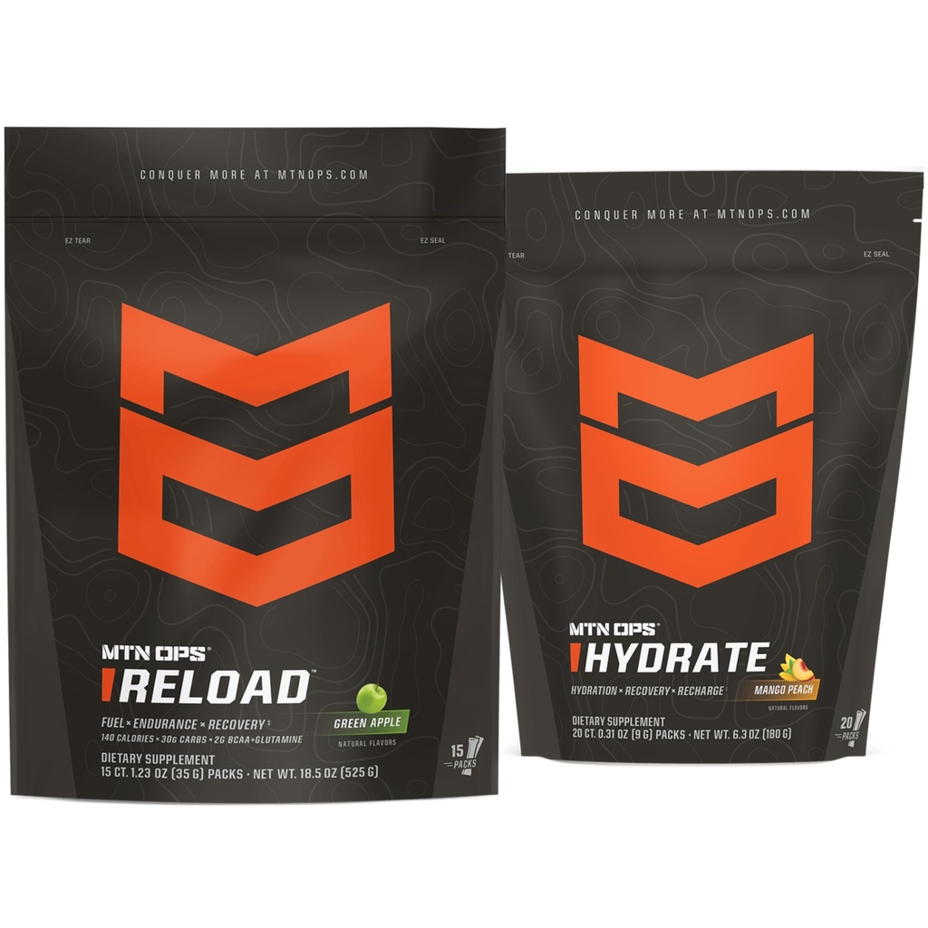 MTN OPS Reload + Hydrate Bundle, Carb Fuel & Electrolyte Hydration Powder, Green Apple + Mango Peach