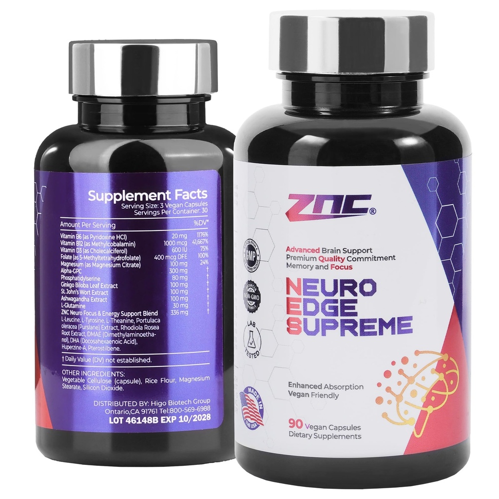 ZNC® Brain Supplement Nootropic for Memory & Focus with Alpha GPC Ginkgo Biloba Bacopa Monnieri Vitamin B6 B12 Phosphatidylserine 90 Ct