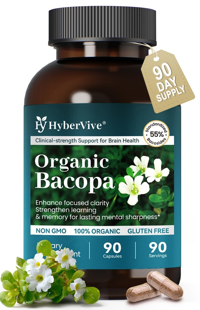 Bacopa Monnieri Supplement 300MG, Organic Nootropic Bacopa Extract, ≥ 55% High Potency Bacosides, Brain & Memory Supplement for Focus and Cognitive Support, Made in USA, 90 Capsules