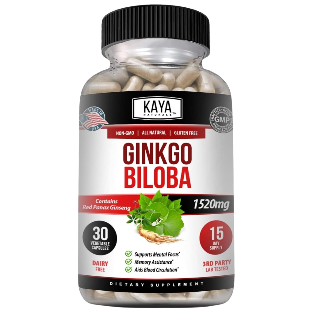 Kaya Naturals Red Panax Ginseng + Ginkgo Biloba - Nootropic Brain Supplement - Cognitive and Concentration Support - Brain Booster, Focus, and Memory Supplement - 30 Capsules