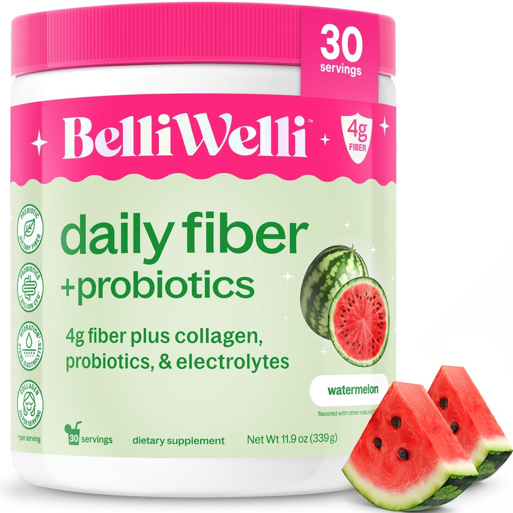 Belli Welli Fiber Supplement for Women & Men – Premium Daily Fiber Powder from Organic Acacia with Added Collagen, Electrolytes & Probiotics – No Bloat, Constipation & Gut Health Support (Watermelon)
